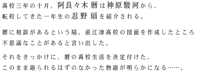 高校三年の十月、阿良々木暦は神原駿河から、転校してきた一年生の忍野扇を紹介される。暦に相談があるという扇。直江津高校の図面を作成したところ不思議なことがあると言い出した。それをきっかけに、暦の高校生活を決定付けた、このまま語られるはずのなかった物語が明らかになる……。